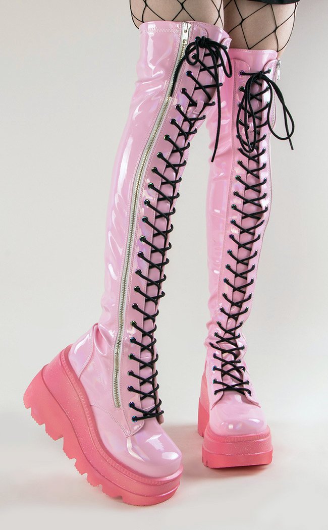 SHAKER-374 Baby Pink Holo Thigh High Boots (Au Stock)-Demonia-Tragic Beautiful