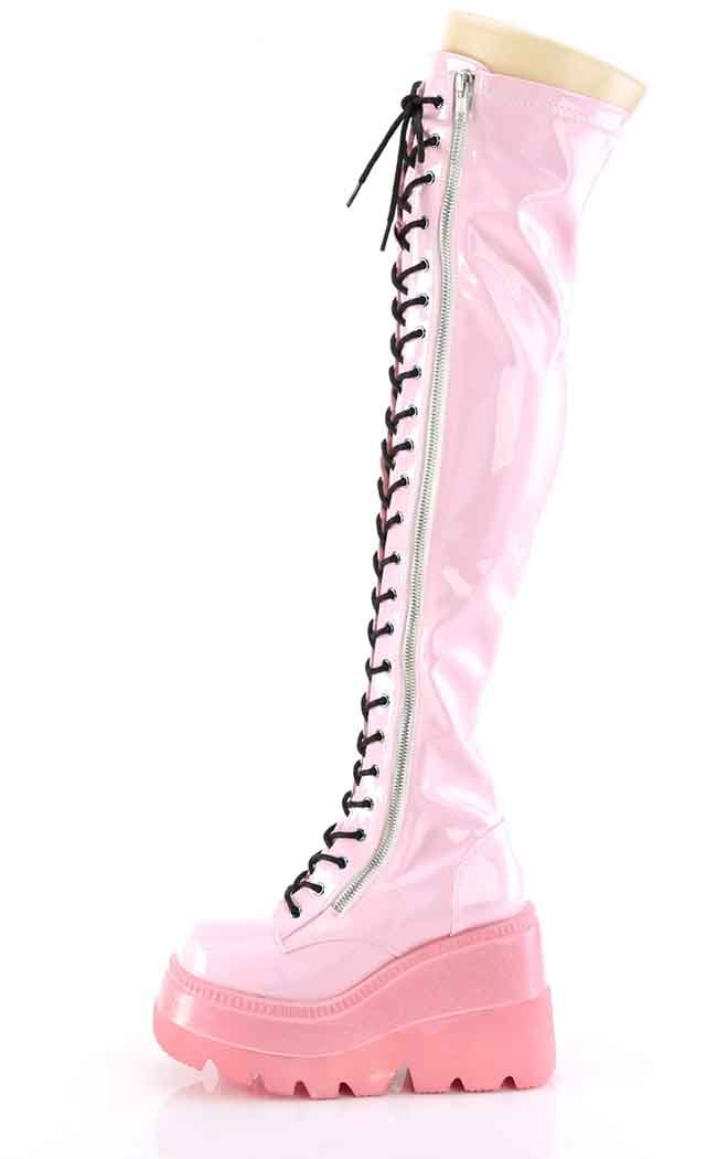 SHAKER-374-1 Baby Pink Holo Thigh High Boots-Demonia-Tragic Beautiful