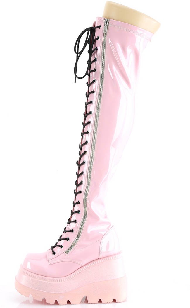 SHAKER-374 Baby Pink Holo Thigh High Boots-Demonia-Tragic Beautiful