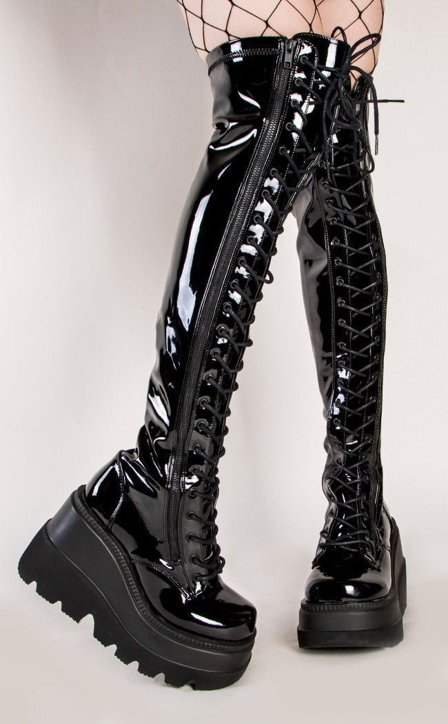 SHAKER-374 Black Patent Thigh High Boots (Au Stock)-Demonia-Tragic Beautiful