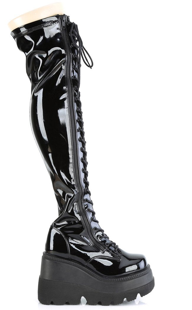 SHAKER-374 Black Patent Thigh High Boots (Au Stock)-Demonia-Tragic Beautiful