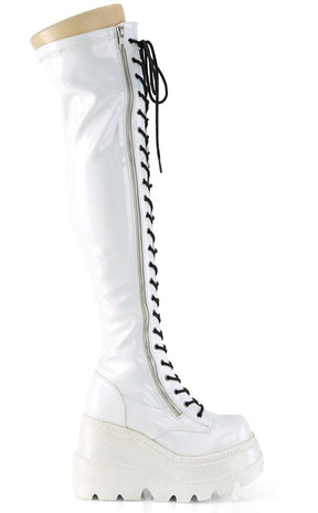 SHAKER-374 White Holo Thigh High Boots-Demonia-Tragic Beautiful
