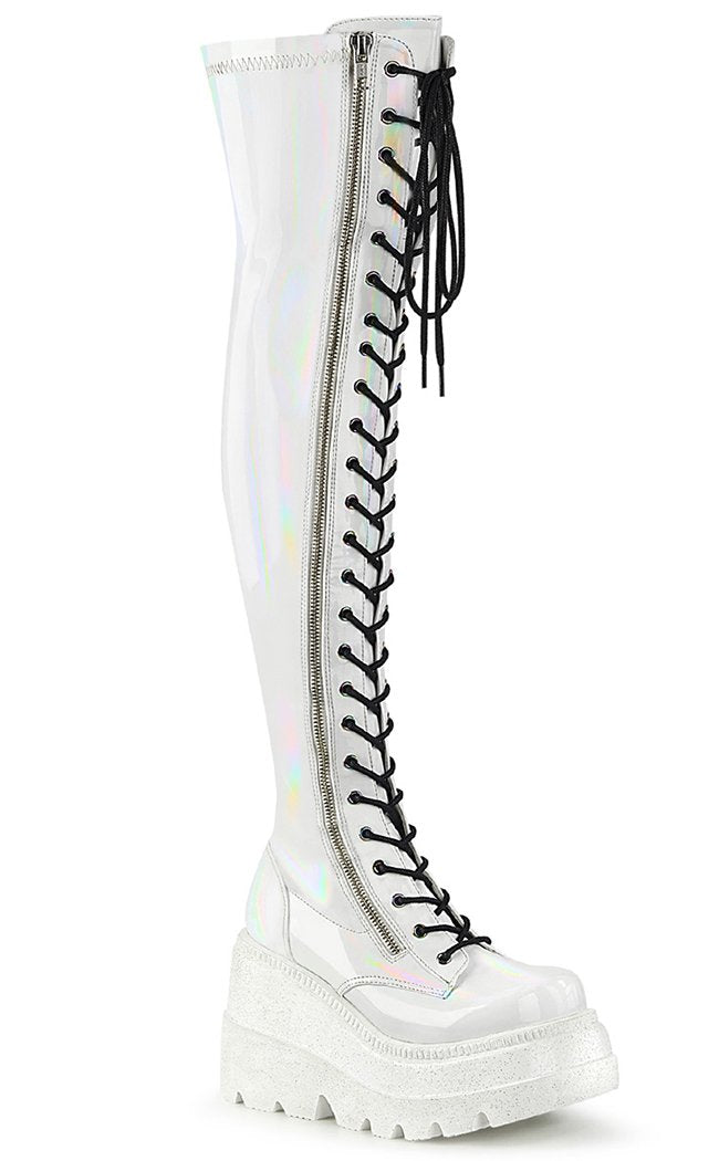 SHAKER-374 White Holo Thigh High Boots-Demonia-Tragic Beautiful