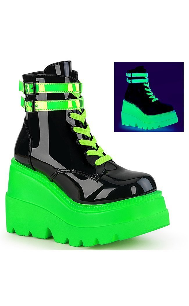 SHAKER-52 UV Green Ankle Boots-Demonia-Tragic Beautiful