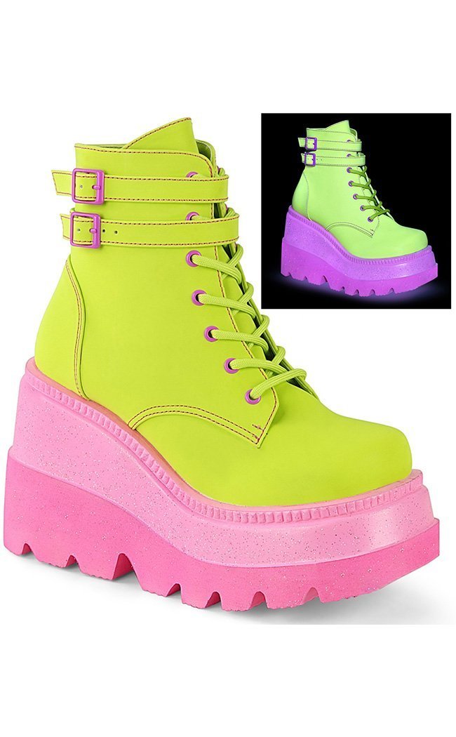 SHAKER-52 Lime Green/Pink UV Glitter Boots-Demonia-Tragic Beautiful