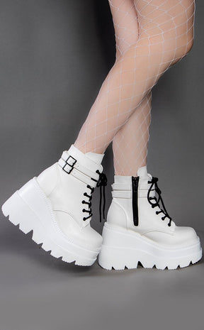 SHAKER-52 White Vegan Leather Platform Ankle Boots-Demonia-Tragic Beautiful
