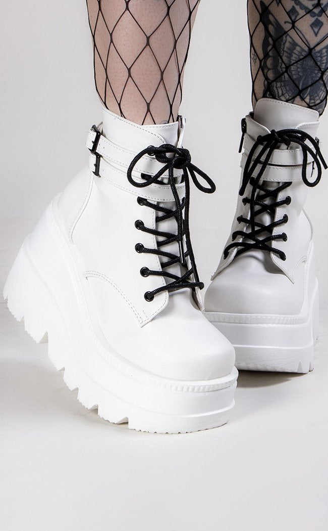 SHAKER-52 White Vegan Leather Platform Ankle Boots-Demonia-Tragic Beautiful