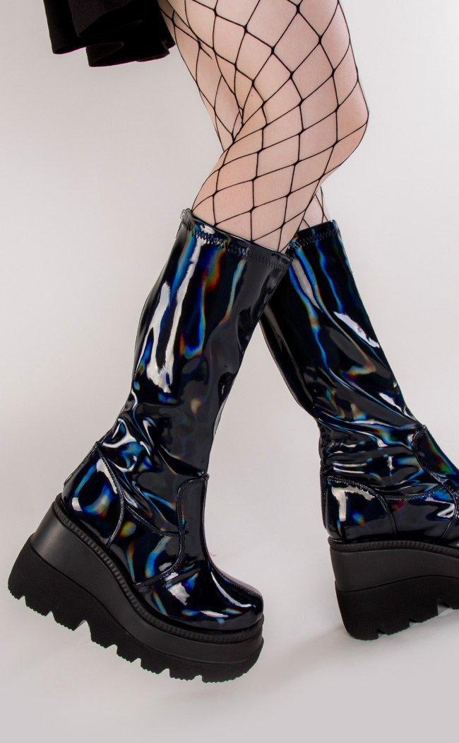 SHAKER-65 Black Patent Holographic Boots-Demonia-Tragic Beautiful