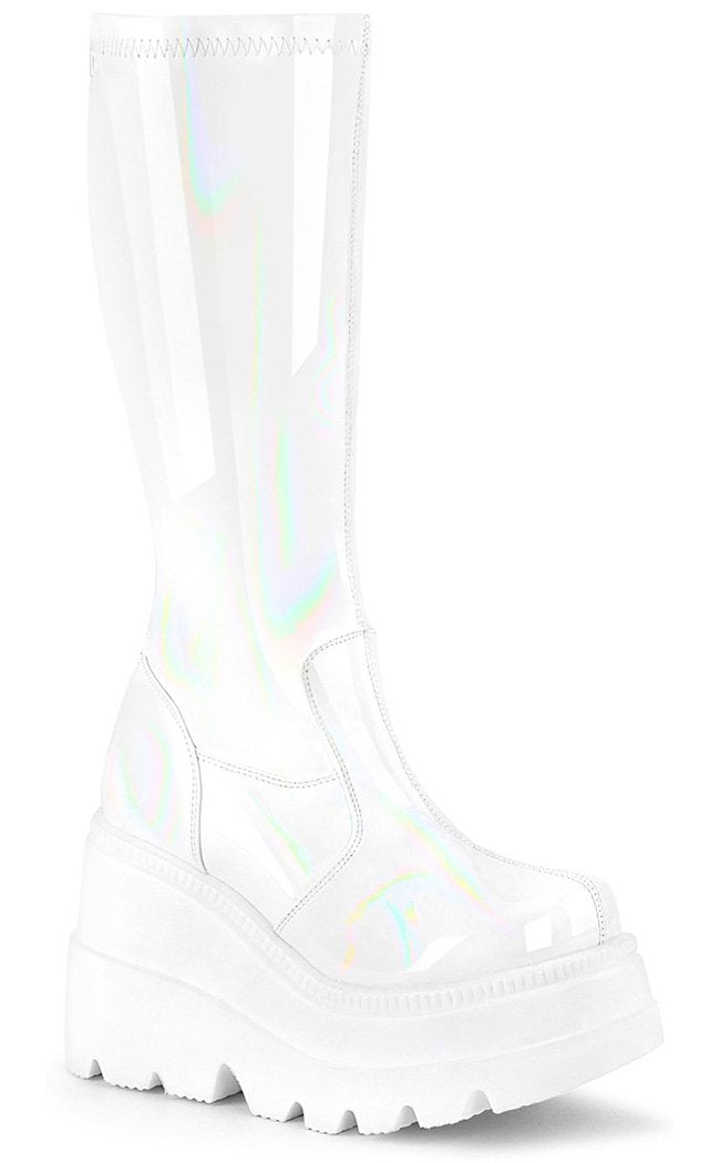 SHAKER-65 White Patent Holographic Boots-Demonia-Tragic Beautiful