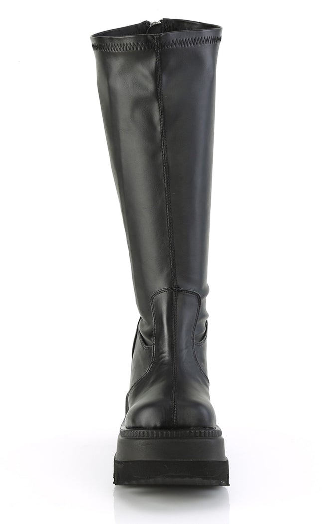 SHAKER-65 Black Vegan Leather Knee High Platform Boots | Wide Calf-Demonia-Tragic Beautiful