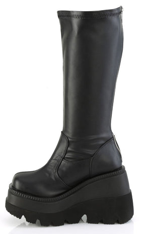 SHAKER-65 Black Vegan Leather Knee High Platform Boots | Wide Calf-Demonia-Tragic Beautiful