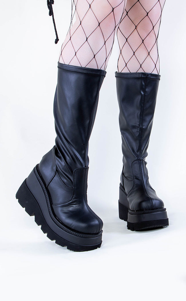 SHAKER-65WC Black Vegan Leather Knee High Platform Boots | Wide Calf (Au Stock)-Demonia-Tragic Beautiful