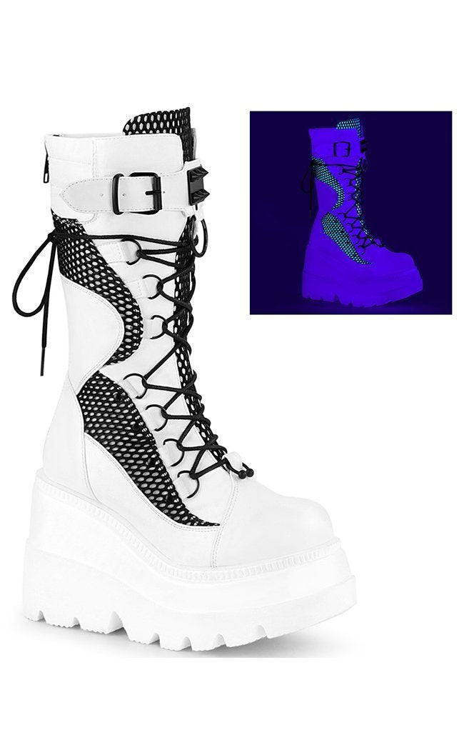 SHAKER-70 White Vegan Leather/ Black Fishnet Boots-Demonia-Tragic Beautiful