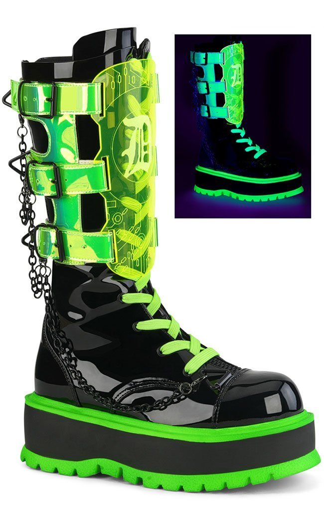 SLACKER-156 Black Patent UV Green Boots-Demonia-Tragic Beautiful
