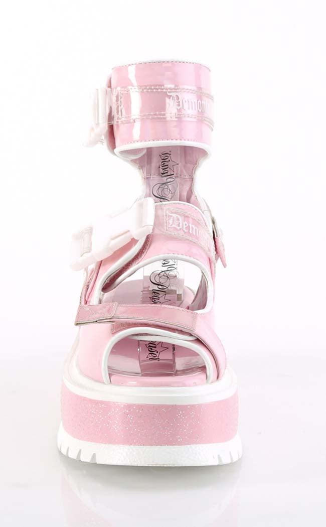 SLACKER-15B Baby Pink Holo Sandals-Demonia-Tragic Beautiful