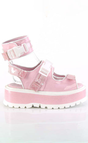 SLACKER-15B Baby Pink Holo Sandals-Demonia-Tragic Beautiful