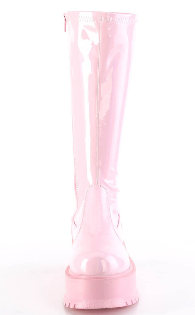 SLACKER-200 Baby Pink Patent Knee High Platform Boots-Demonia-Tragic Beautiful