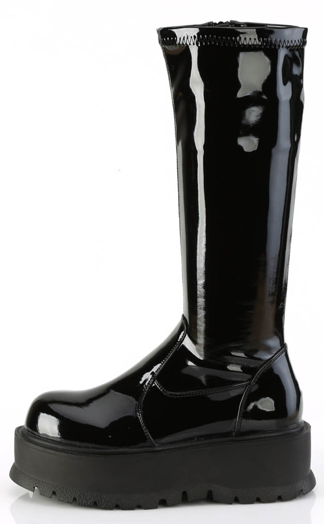 SLACKER-200 Black Patent Knee High Platform Boots-Demonia-Tragic Beautiful