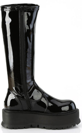 SLACKER-200 Black Patent Knee High Platform Boots-Demonia-Tragic Beautiful
