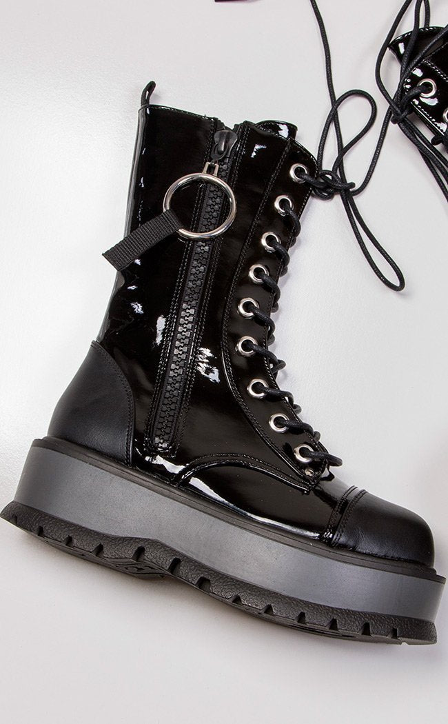 SLACKER-220 Black Patent Ankle Boots (Au Stock)-Demonia-Tragic Beautiful