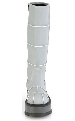SLACKER-230 Grey Reflective Vegan Leather Knee High Boots-Demonia-Tragic Beautiful