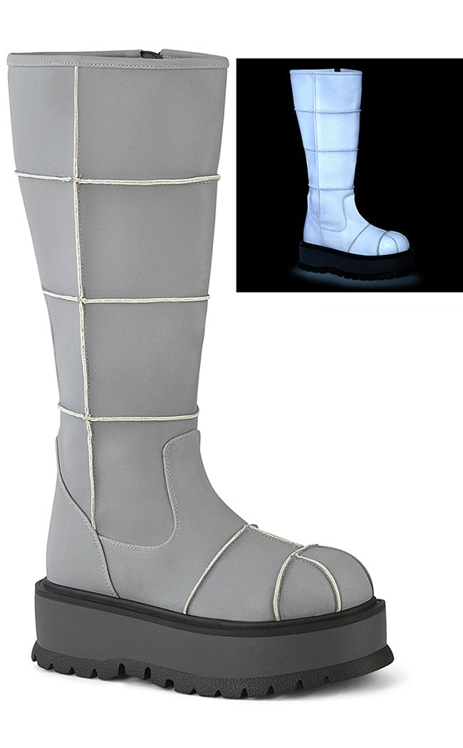 SLACKER-230 Grey Reflective Vegan Leather Knee High Boots-Demonia-Tragic Beautiful