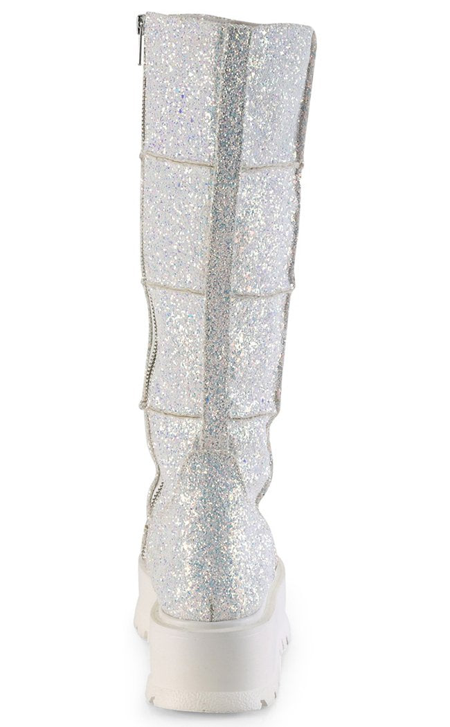 SLACKER-230 White Glitter Vegan Leather Boots-Demonia-Tragic Beautiful