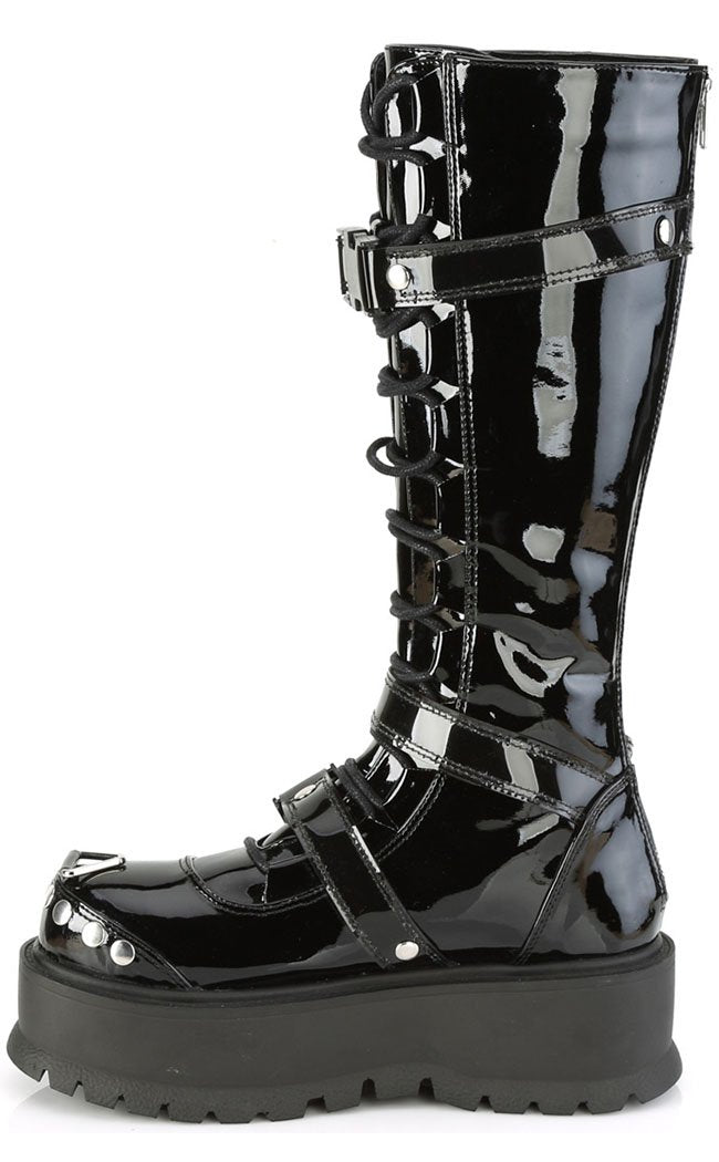 SLACKER-260 Black Patent Buckle Boots-Demonia-Tragic Beautiful