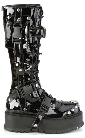 SLACKER-260 Black Patent Buckle Boots-Demonia-Tragic Beautiful