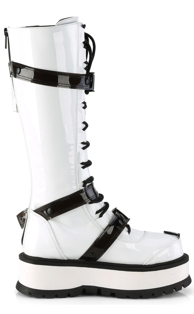 SLACKER-260 White Patent Knee High Platform Boots-Demonia-Tragic Beautiful
