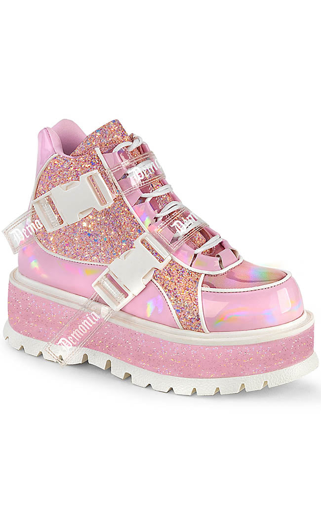 SLACKER-50 Baby Pink Holo/Multi Glitter Ankle Boots-Demonia-Tragic Beautiful