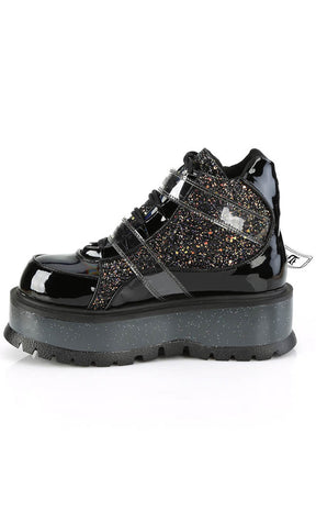 SLACKER-50 Black Patent/ Black Multi Glitter Ankle Boots-Demonia-Tragic Beautiful