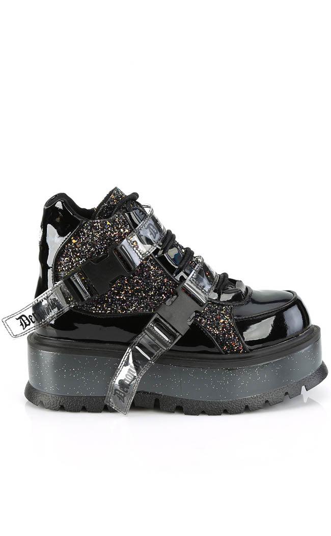 SLACKER-50 Black Patent/ Black Multi Glitter Ankle Boots-Demonia-Tragic Beautiful
