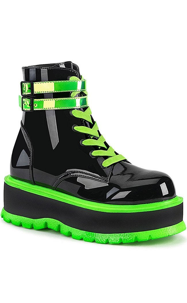 SLACKER-52 Black Patent UV Green Ankle Boots-Demonia-Tragic Beautiful