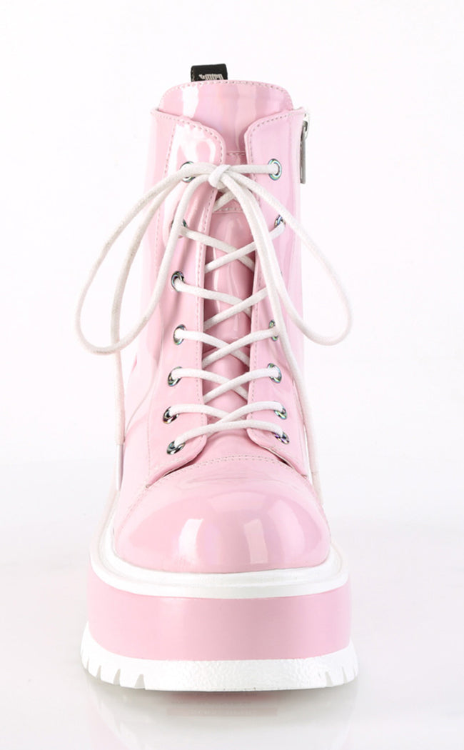 SLACKER-55 Baby Pink Holo Ankle Boots-Demonia-Tragic Beautiful