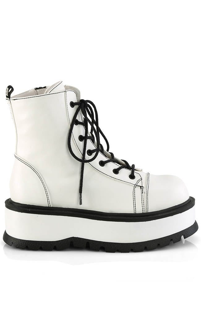 SLACKER-55 White Vegan Ankle Boots-Demonia-Tragic Beautiful