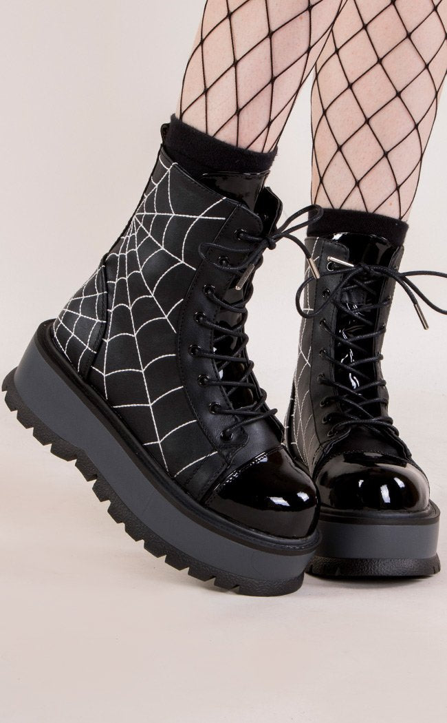 SLACKER-88 Black Vegan Spiderweb Ankle Boots-Demonia-Tragic Beautiful