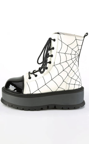 SLACKER-88 White Glow Spiderweb Ankle Boots-Demonia-Tragic Beautiful
