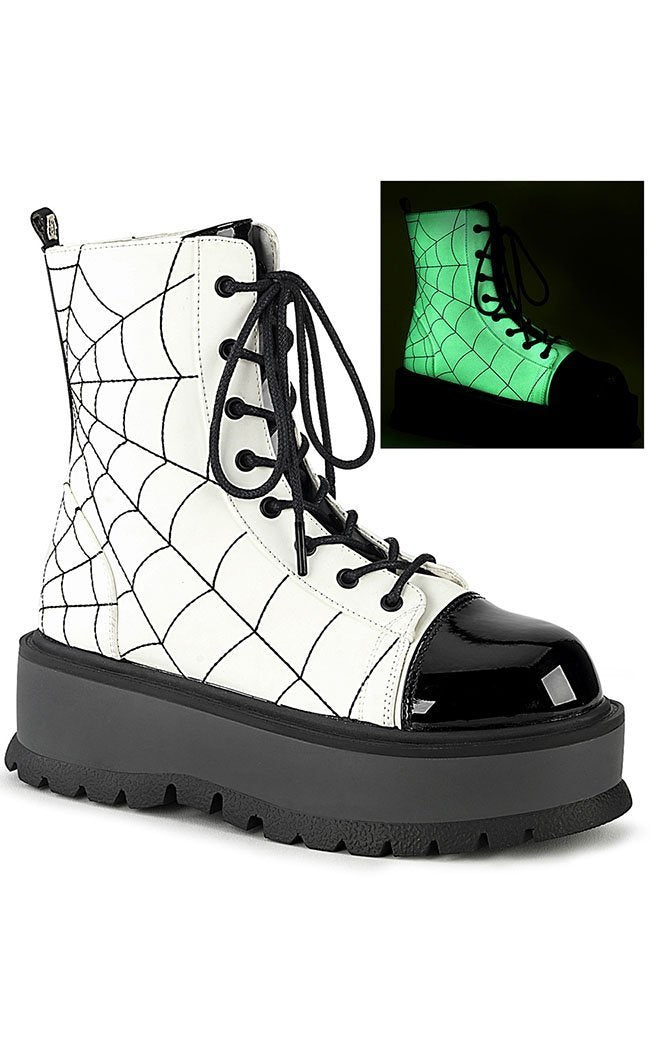 SLACKER-88 White Glow Spiderweb Ankle Boots-Demonia-Tragic Beautiful