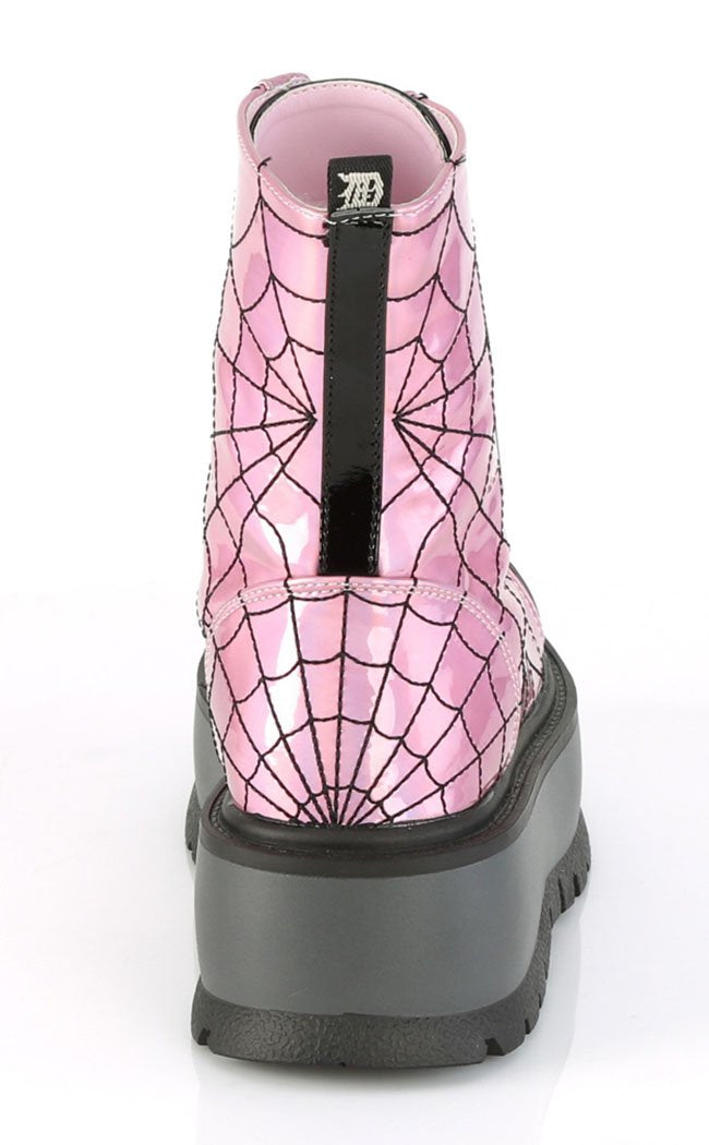 SLACKER-88 Pink Holo Spiderweb Ankle Boots-Demonia-Tragic Beautiful
