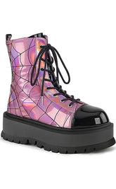 SLACKER-88 Pink Holo Spiderweb Ankle Boots-Demonia-Tragic Beautiful