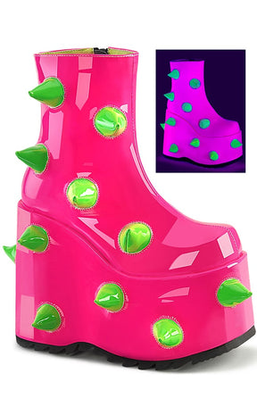 SLAY-77 UV Neon Pink-Neon Green Platform Boots-Demonia-Tragic Beautiful