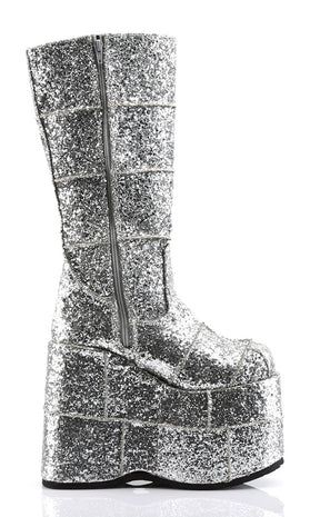 STACK-301G Silver Glitter Boots-Demonia-Tragic Beautiful