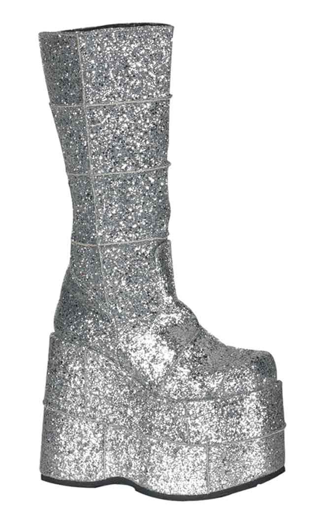 STACK-301G Silver Glitter Boots-Demonia-Tragic Beautiful