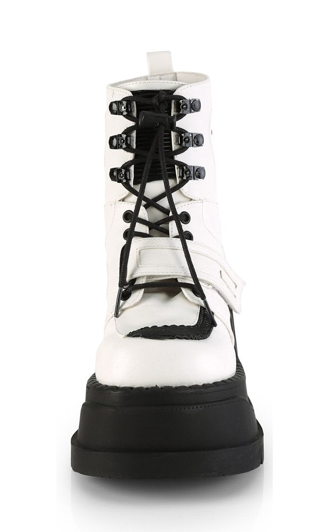 STOMP-13 White Platform Ankle Boots-Demonia-Tragic Beautiful