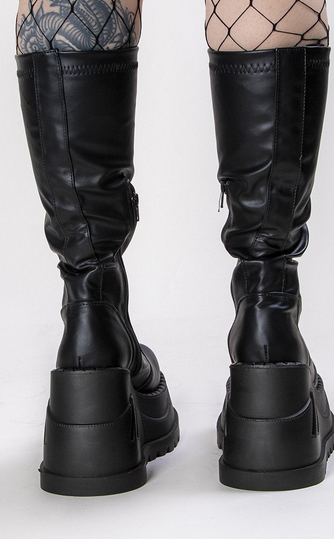 STOMP-200 Black Vegan Leather Knee High Platform Boots-Demonia-Tragic Beautiful