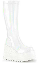 Stomp-200 White Holo Knee High Boots-Demonia-Tragic Beautiful