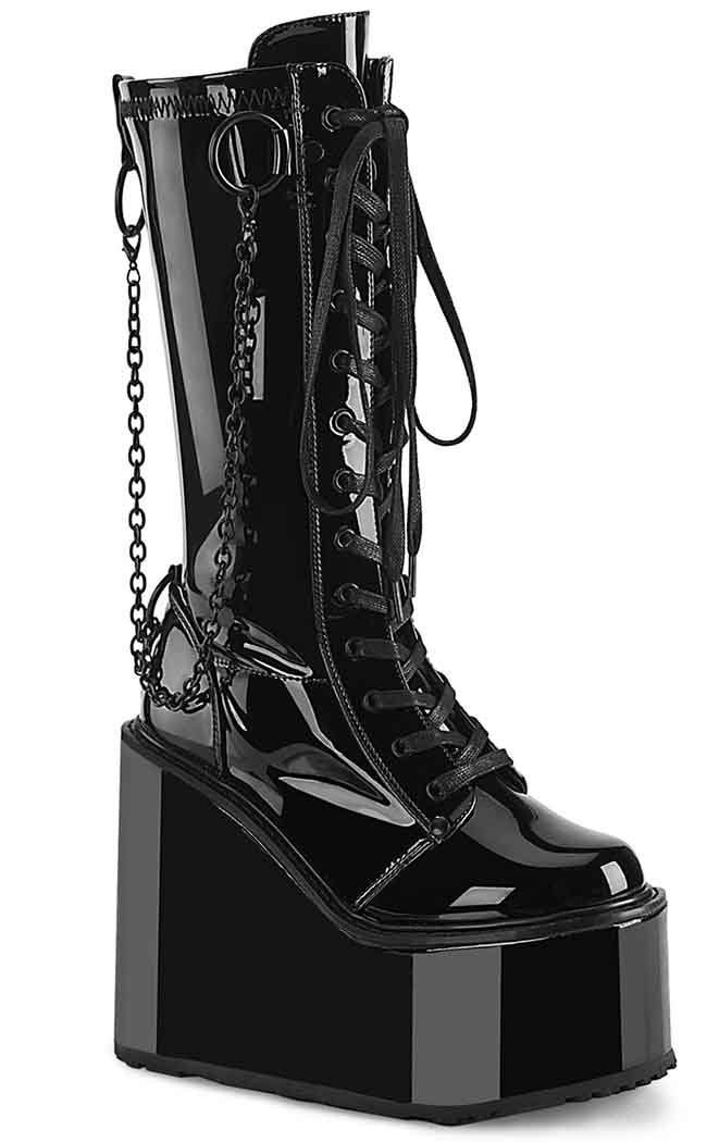 SWING-150 Black Patent Platform Wedge Boots-Demonia-Tragic Beautiful