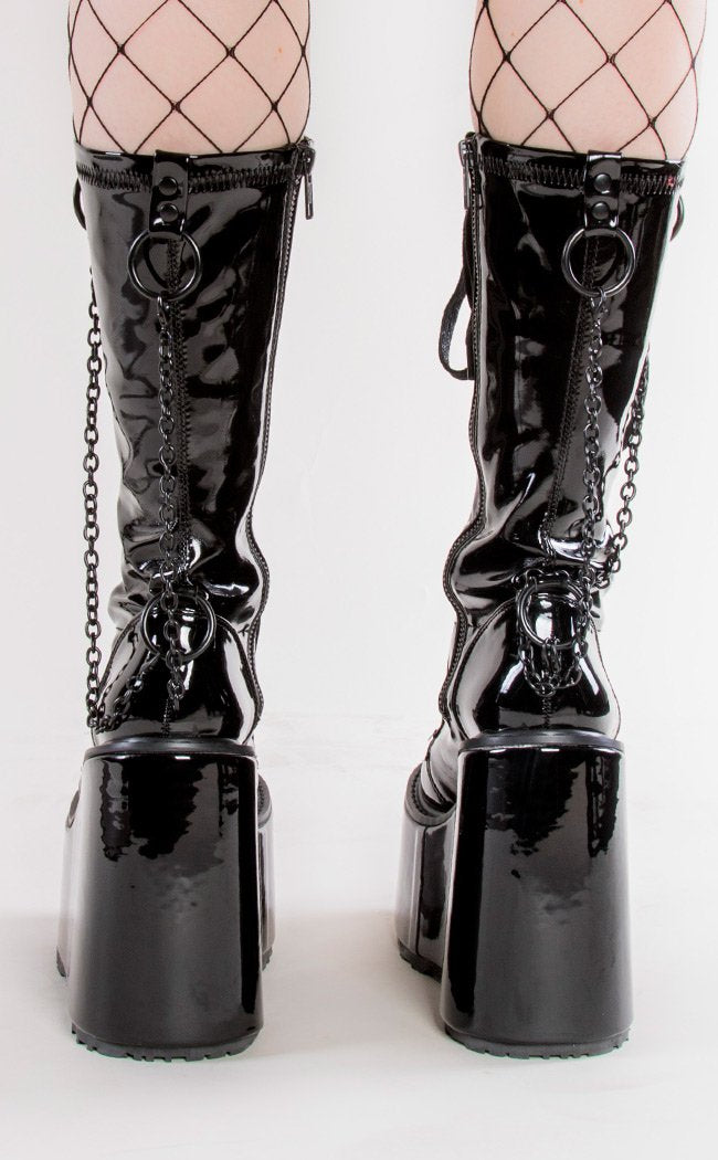 SWING-150 Black Patent Platform Knee High Boots-Demonia-Tragic Beautiful