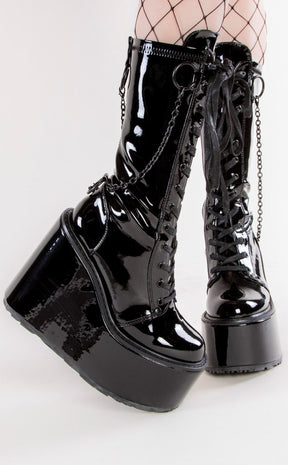 SWING-150 Black Patent Platform Knee High Boots-Demonia-Tragic Beautiful